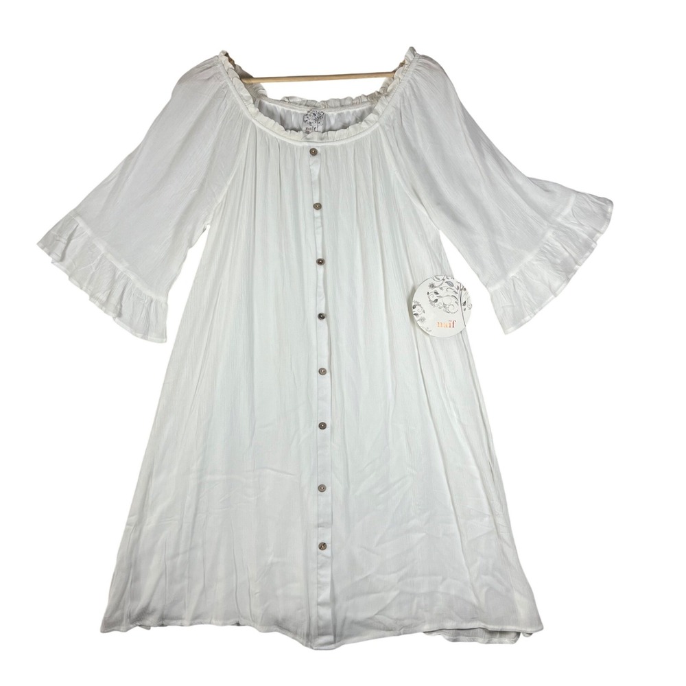 Anthropologie Naif Crinkle Rayon Ruffle Mini Dress Boho Button Front Womens L